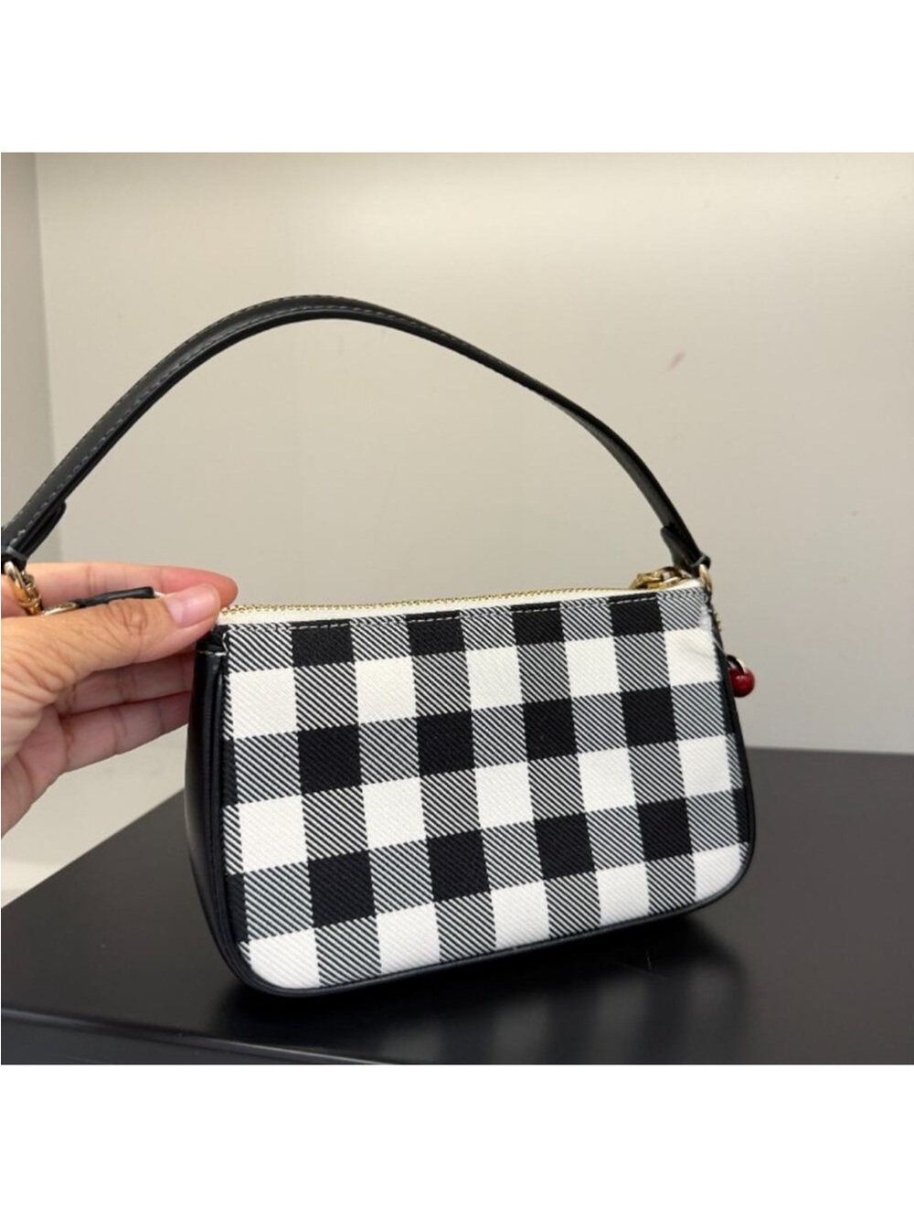 New Coach Black and White Gingham Nolita 19 Bag with Cherry Charm - Picture 9 of 10